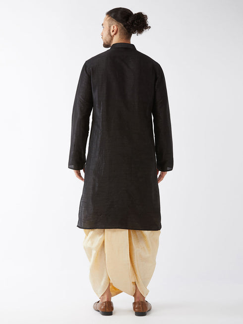 Vastramay Men's Black And Gold Silk Blend Kurta And Dhoti Set